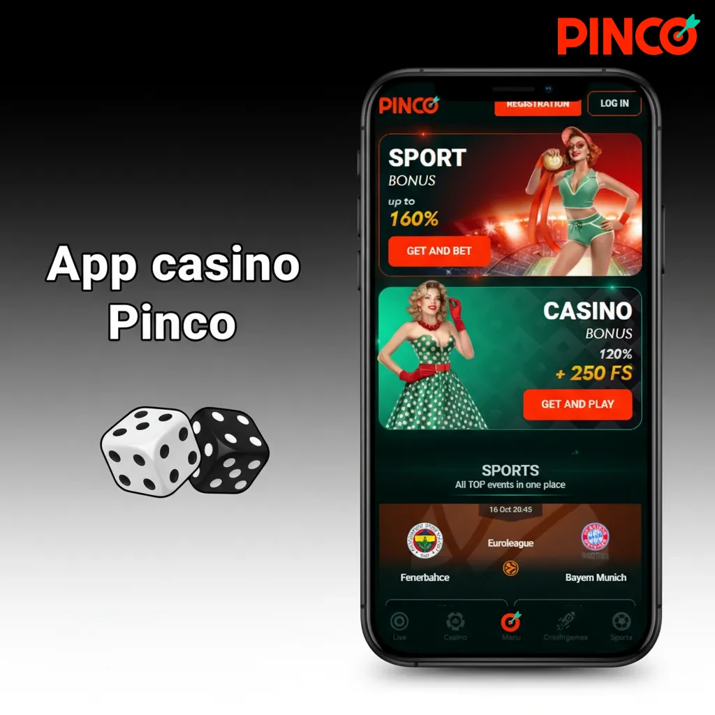 Écran d’accueil de l’app casino Pinco: jeux populaires, paris sportifs, slots, tables, casino en direct et promos.