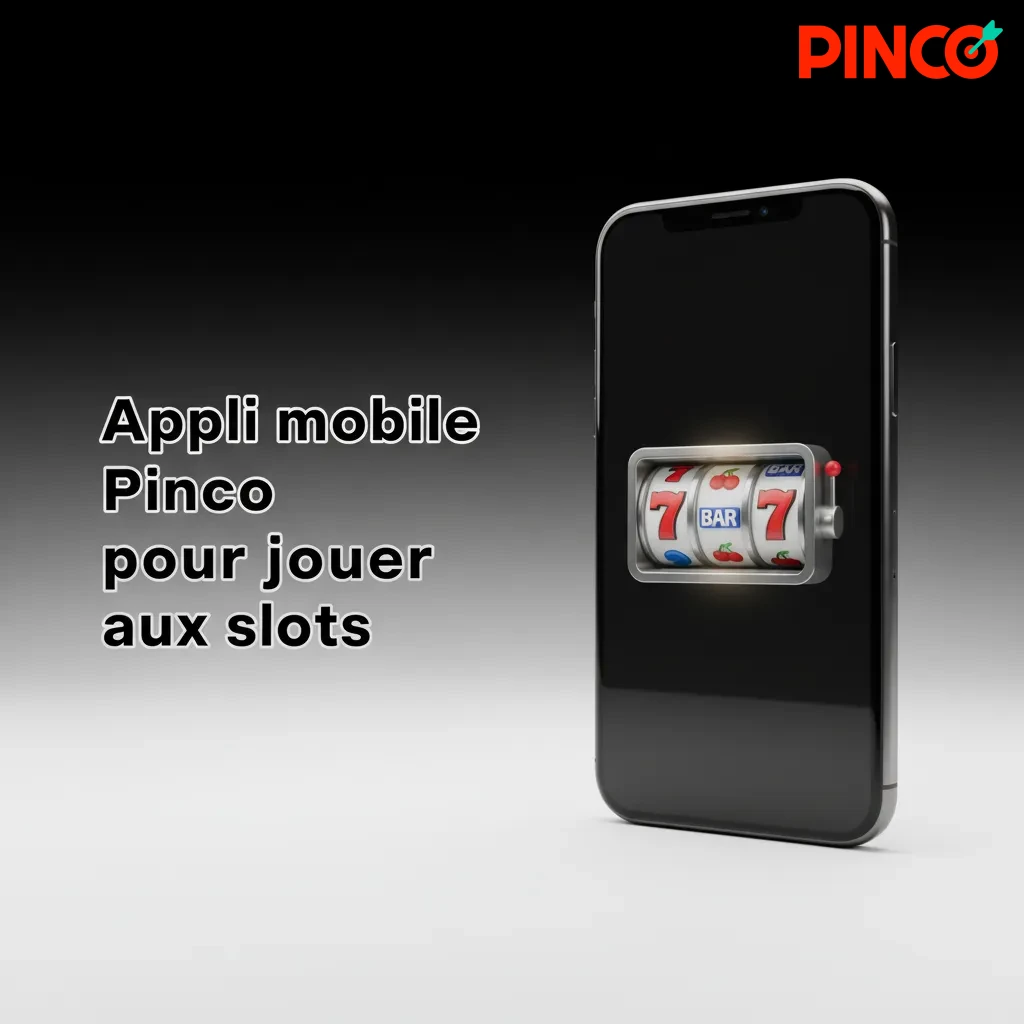 Smartphone affichant l’appli Pinco machines à sous: interface claire iOS/Android avec menu, lobby et caisse.