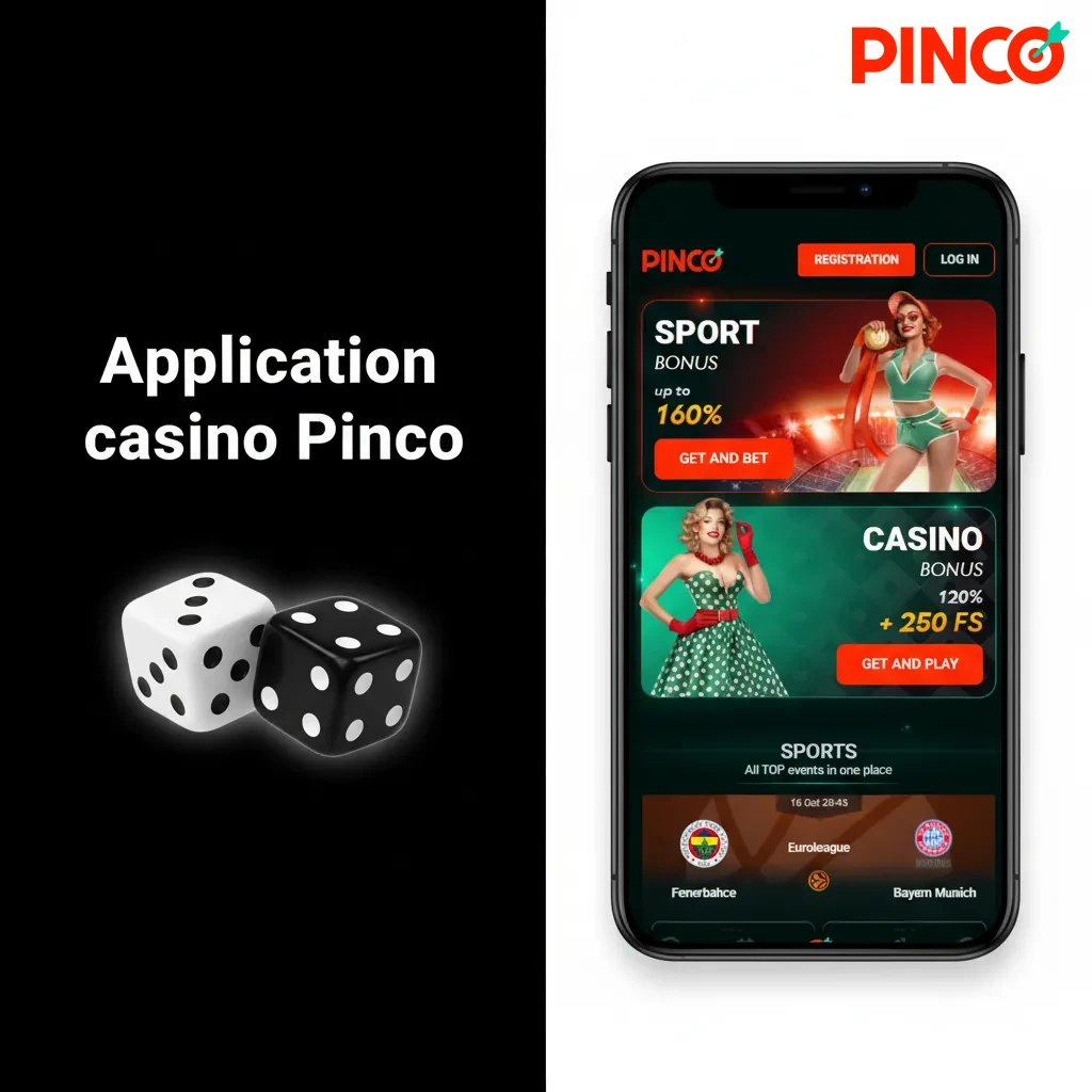 Écran d’accueil de l’app casino Pinco: accès instantané, machines à sous, tables, croupiers Evolution et promos.