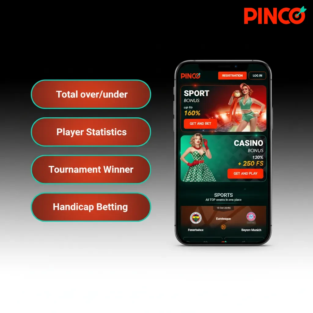 Pinco Mobile bet types: Single, Parlay, System, Live in-play, Over/Under, with bet slip tools to manage risk and return