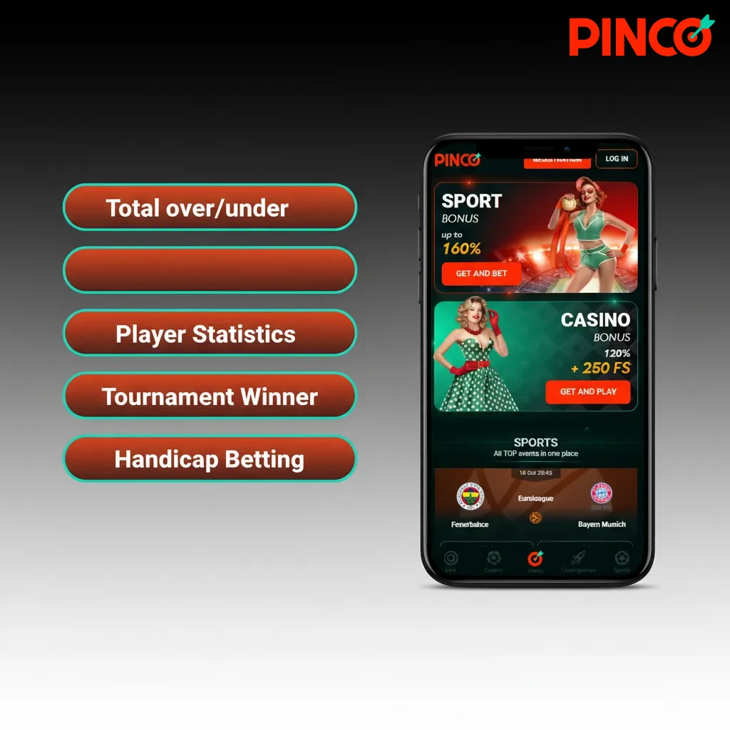 Infographic of Pinco bet types: Single, Accumulator, System, Handicap, Totals; mix markets across games.