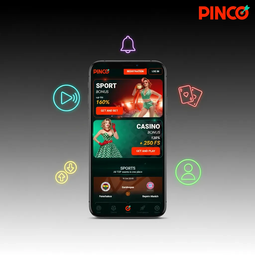 Visuel de l’app Pinco pour le Canada: CAD, Interac/Apple Pay, paris en direct, casino, bonus 7 500 $ CA, support 24/7.