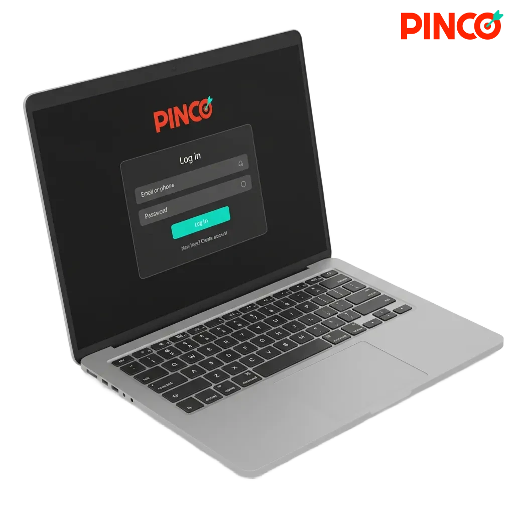 Écran de connexion Pinco au Canada sur mobile et ordinateur, champs courriel et mot de passe, icône de sécurité 2FA.