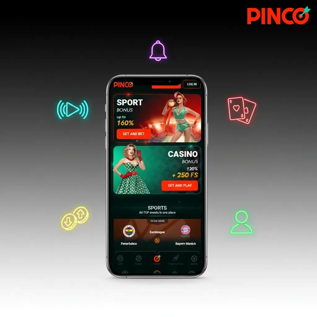 Capture de l’app Pinco montrant paris en direct, cotes en temps réel, casino, dépôts CAD locaux et notifications.