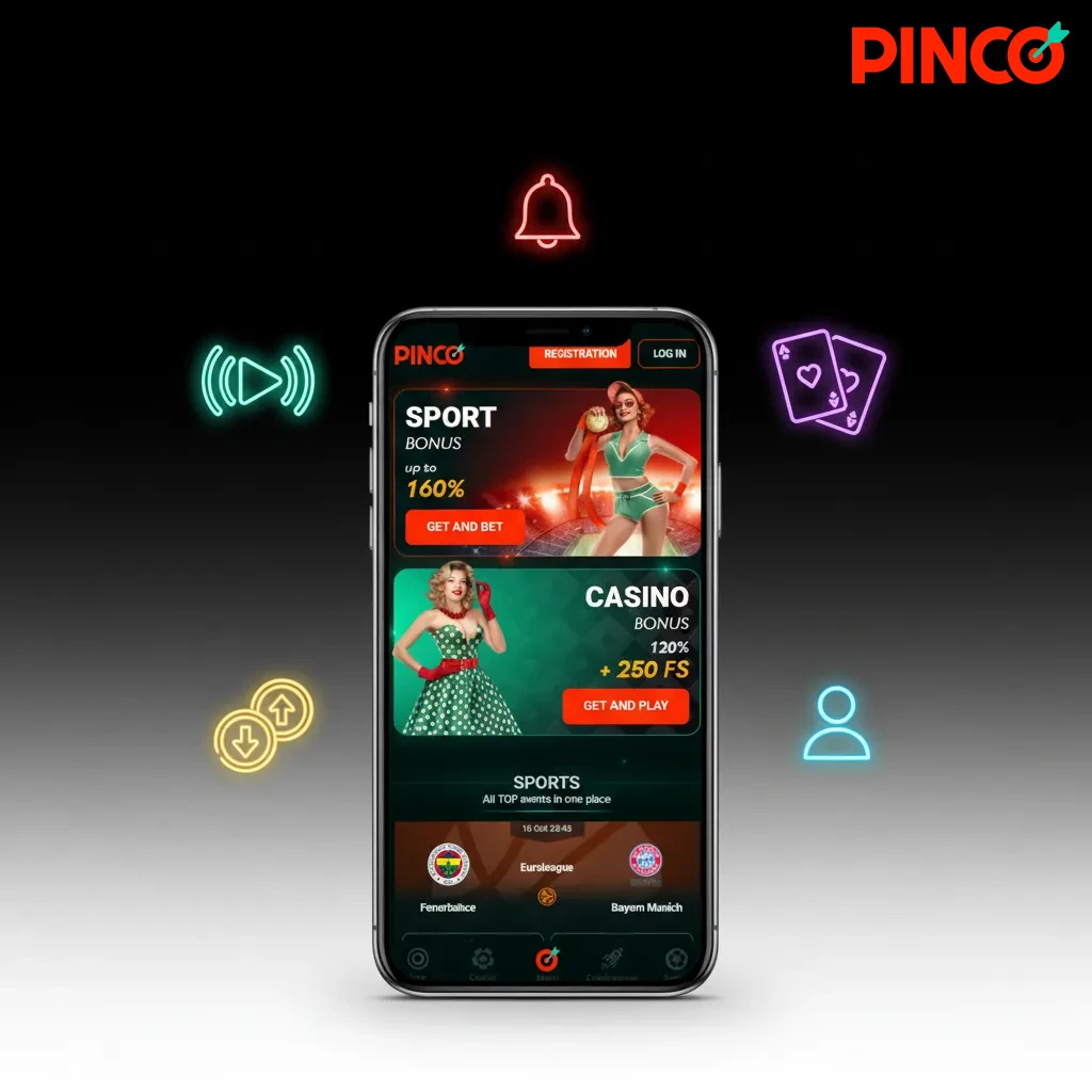 Montage de l’app Pinco sur smartphone: sports en direct, casino live, portefeuille CAD, dépôts/retraits, profil et alertes.