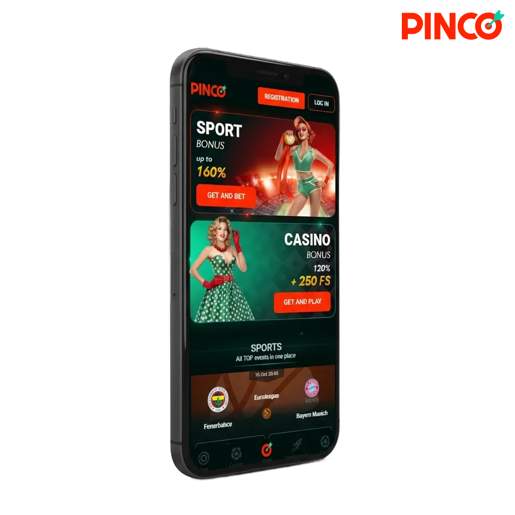 iPhone showing Pinco casino & sports betting app in Canada, offer up to C$7,500 + 250 free spins, Download button.