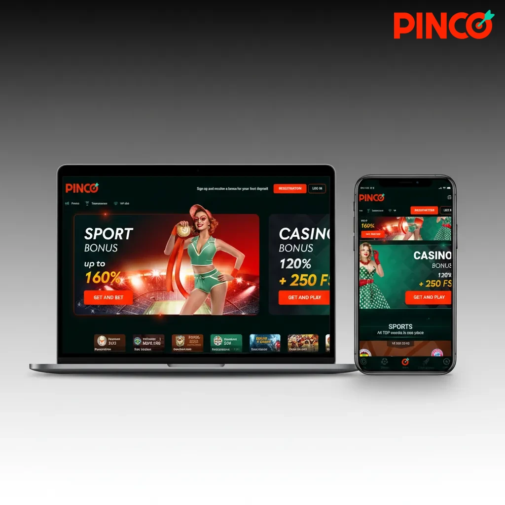 Interface Pinco Canada avec barre de navigation: Sports, En direct, eSports, Casino, Casino en direct, Promotions, VIP, Aide