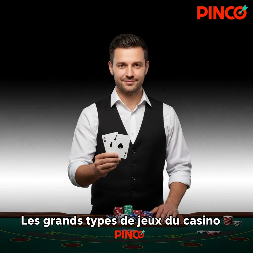 Infographie Pinco: grands types de jeux—machines à sous, crash, table, vidéo poker, jackpots, cartes à gratter.