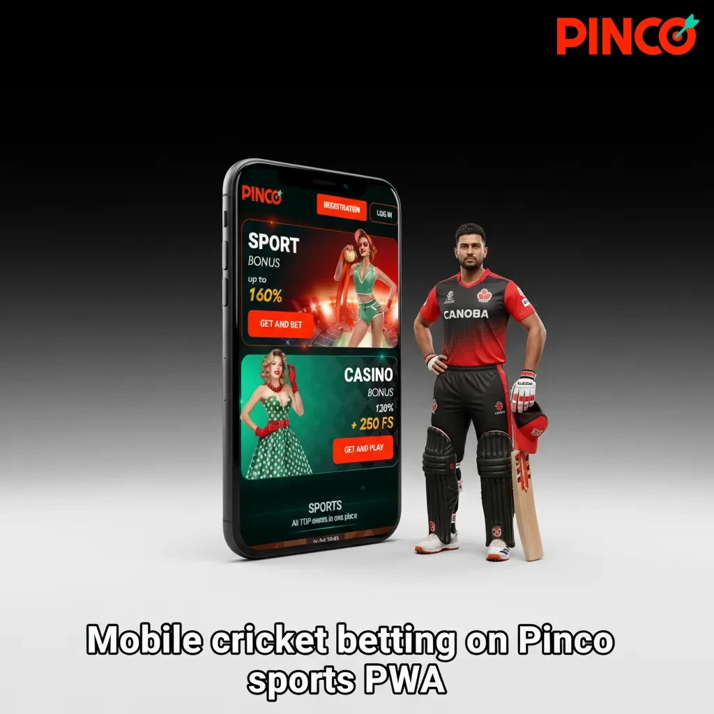 Smartphone showing Pinco PWA cricket betting screen: odds list, bet slip, pre-match/live tabs, Cash Out and Match Tracker.