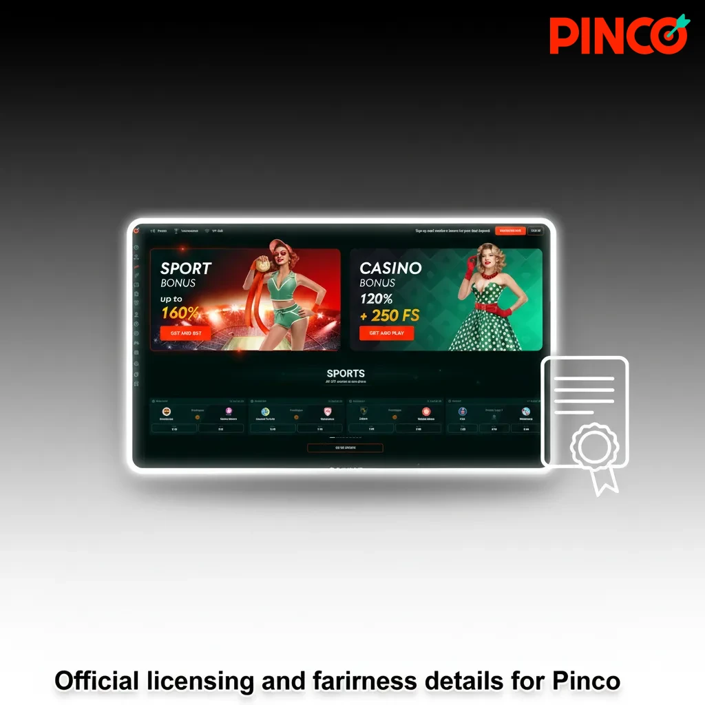 Pinco licensing and fairness: Canadian gaming licence, certified RNG, audited providers, public certificate, legal docs.