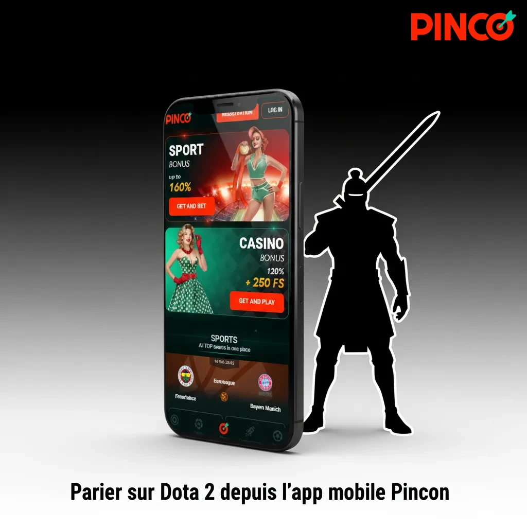 Écran de l’app mobile Pinco: paris Dota 2 en direct, cotes, sélection de match et mise, notifications activées.