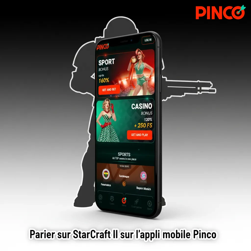 Smartphone affichant l’appli Pinco avec paris StarCraft II, cotes en direct, notifications et dépôt CAD, Android et iOS