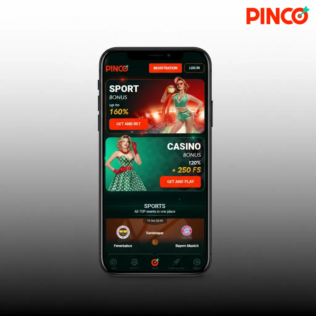Pinco app UI with Sports/Casino top tabs and bottom nav: Home, Bets, Wallet, Profile for quick bets on mobile.