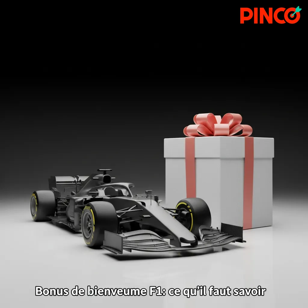 Bannière promo Pinco sur un bonus de bienvenue F1, avec voiture de F1 et mention des cotes minimales et conditions.