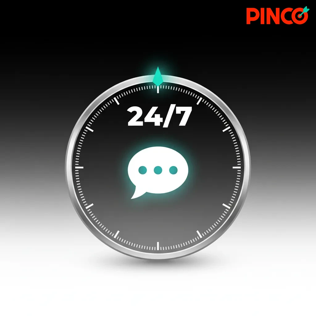 Pinco live chat illustration: agent with chat bubble, 24/7 real-time help, quick replies in English and French.
