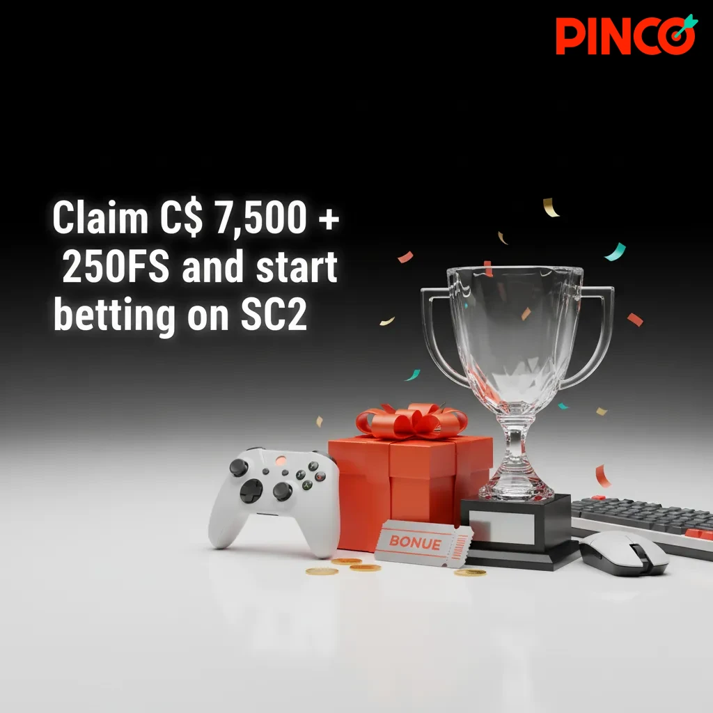 Pinco welcome offer banner: Claim C$7,500 + 250 free spins; bet on StarCraft II; signup steps; 19+ T&Cs apply.