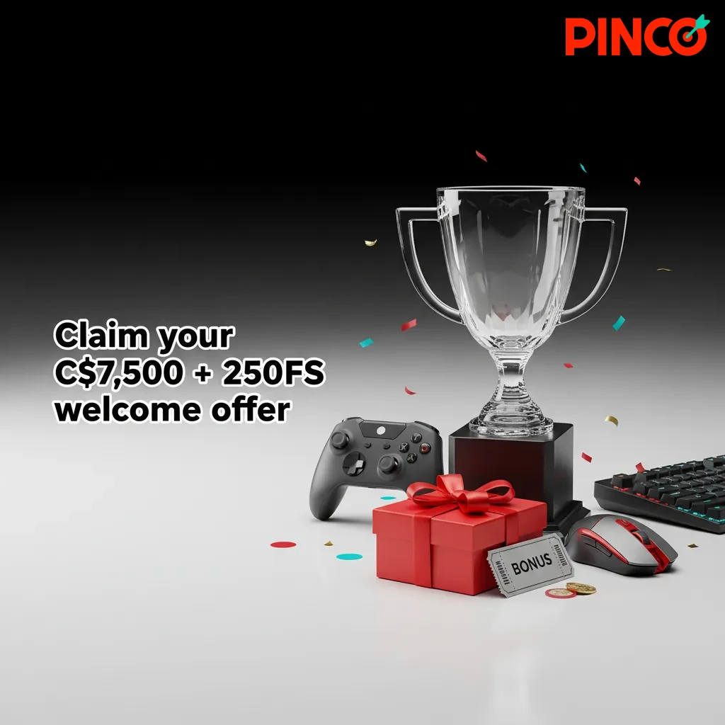 Pinco welcome offer banner: C$7,500 + 250 free spins for Canada, with sign-up steps and Interac, Visa, Mastercard, iDebit.