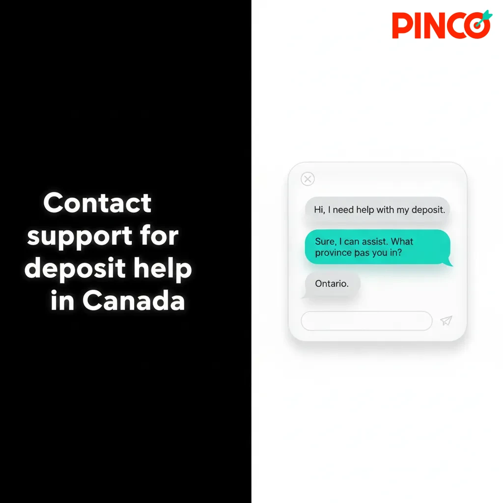 Contact support for deposit help in Canada: 24/7 chat, support@pinco.com, +1 888 000 1234, in-account Contact Us form.
