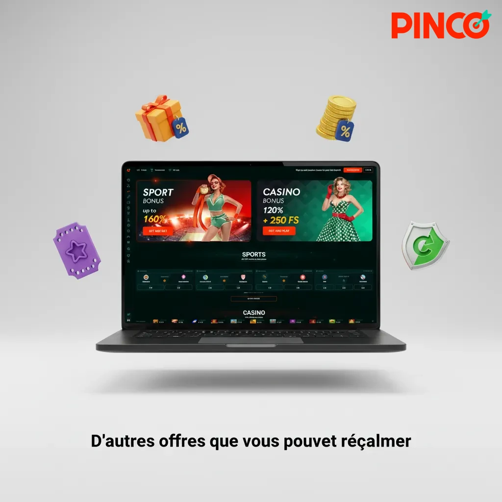 Visuel promotionnel présentant diverses offres: rechargement, cashback, tours gratuits, live casino, programme VIP.