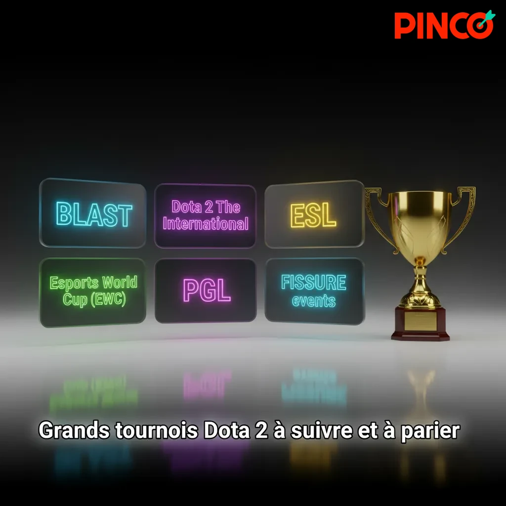 Bannière des grands tournois Dota 2 pour parier: TI, BLAST, ESL, EWC, PGL, FISSURE, calendrier et cotes à suivre.