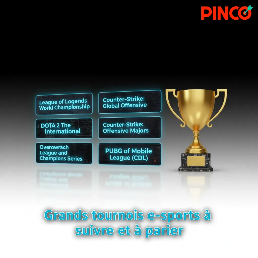 Tableau des grands tournois e-sports par jeu (CS2, Dota 2, LoL, Valorant, SC2, R6, Rocket League) pour planifier ses paris.