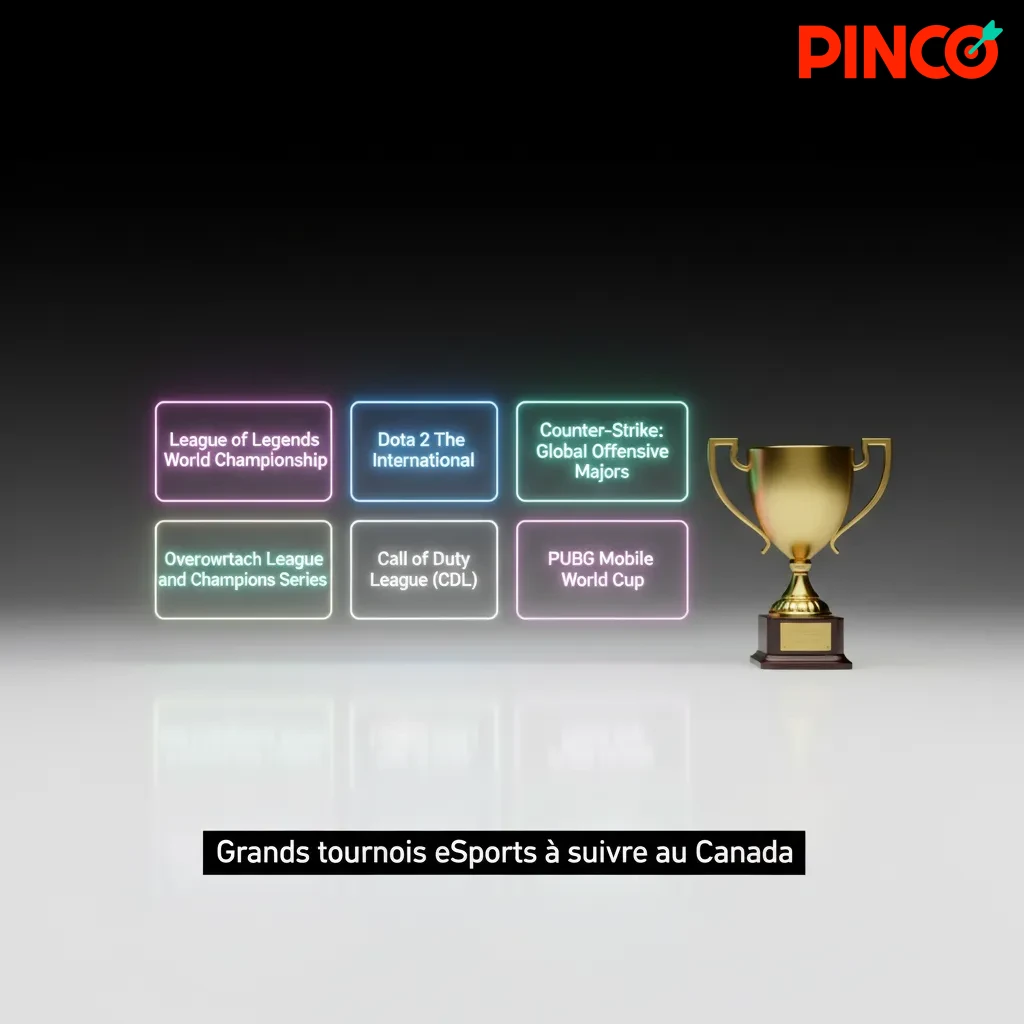 Affiche listant les grands tournois eSports au Canada: Dota 2, CS2, LoL, Valorant, SC2, R6, MLBB et leurs circuits majeurs.
