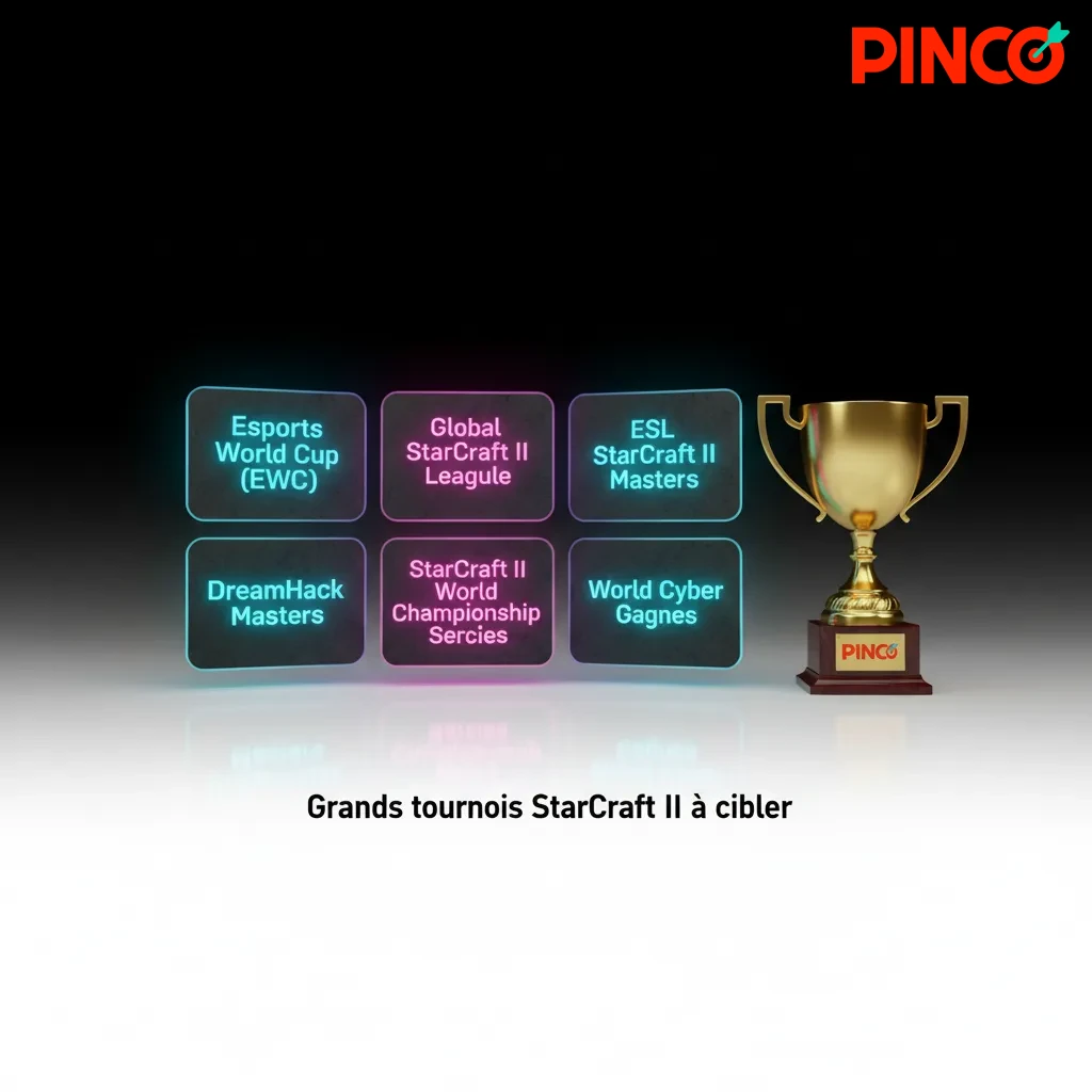 Infographie des tournois majeurs StarCraft II à cibler pour paris: EWC, GSL, ESL Masters, IEM, DreamHack, TSL, WTL.