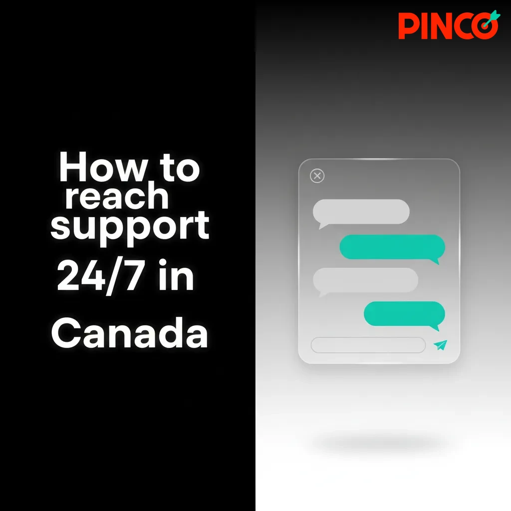 Graphic showing 24/7 Pinco support in Canada: live chat (EN/FR), email, Help Centre, in‑app messages, mailing address.