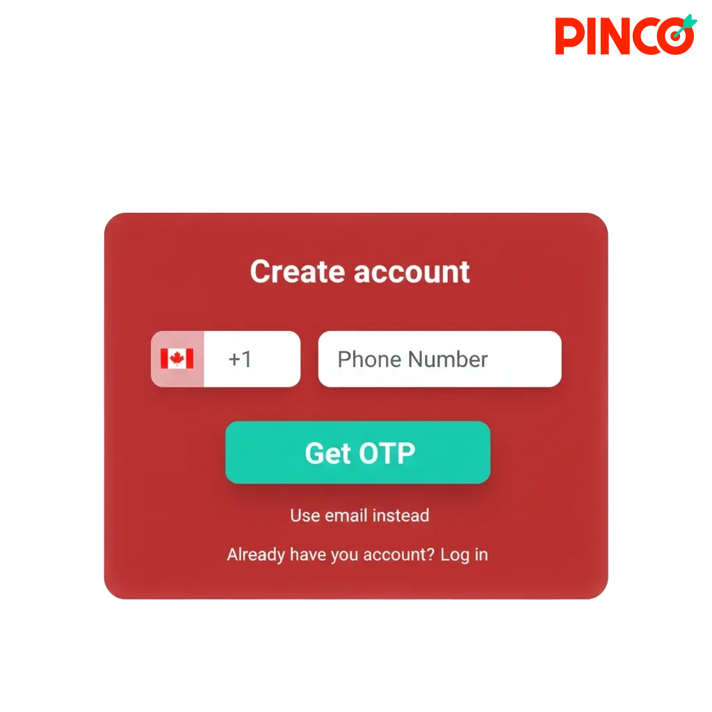Écran Pinco Canada avec options d’inscription, connexion et vérification, support 24/7 et bonus 7 500 $ CA + 250 tours