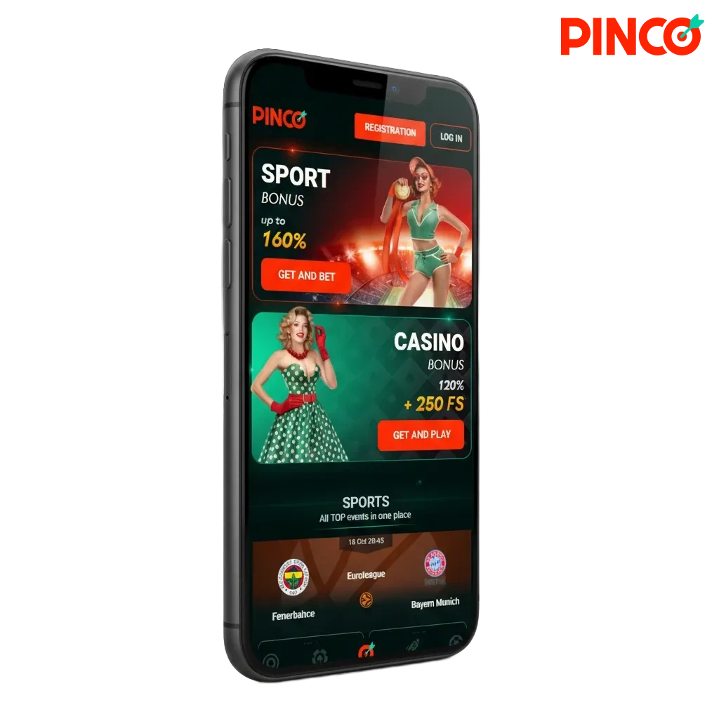 iPhone montrant l'app Pinco iOS au Canada, paris sportifs et casino en argent réel, bonus 7 500 $ CA + 250 FS