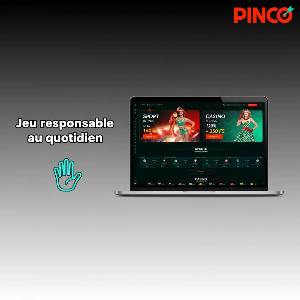 Visuel Jeu responsable au quotidien avec icônes: limites, pause, budget, sécurité et aide.