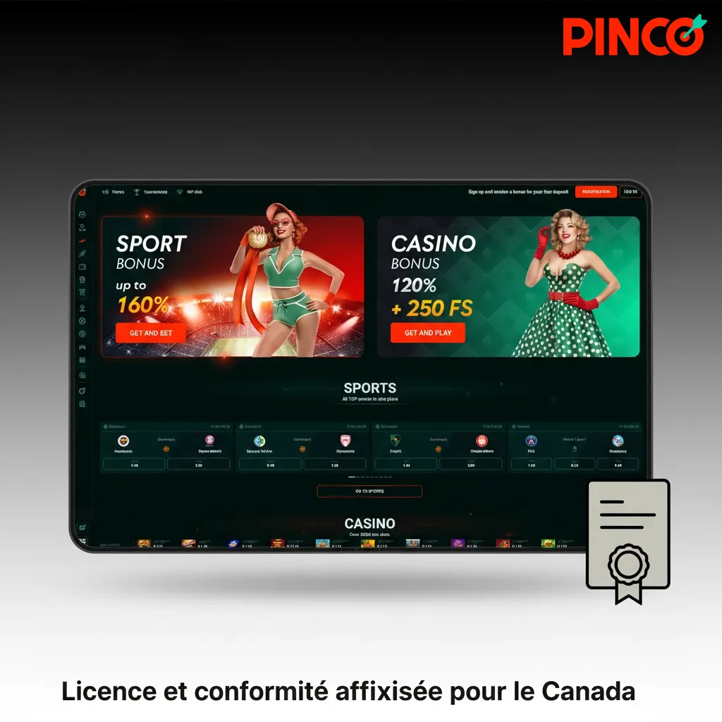 Icônes de conformité et badge de licence au Canada, avec autorité et date affichées, liens Conditions et pied de page.