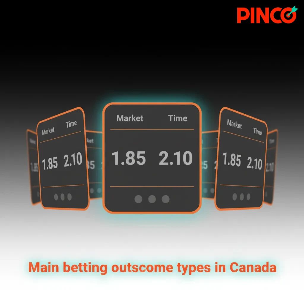 Infographic listing main betting outcomes in Canada: 1X2, Over/Under, Spread, Both Teams to Score, Double Chance.