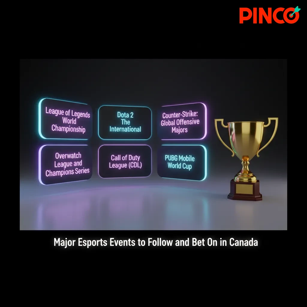 Graphic listing major esports events in Canada: CS2, Dota 2, LoL, Valorant, R6, Rocket League, StarCraft II tournaments.