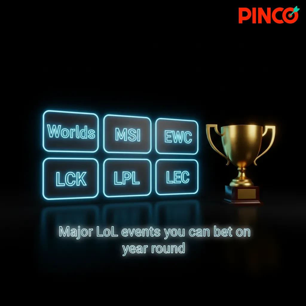 Graphic of major League of Legends events for year-round betting: Worlds, MSI, EWC, and LCK, LPL, LEC regional leagues.
