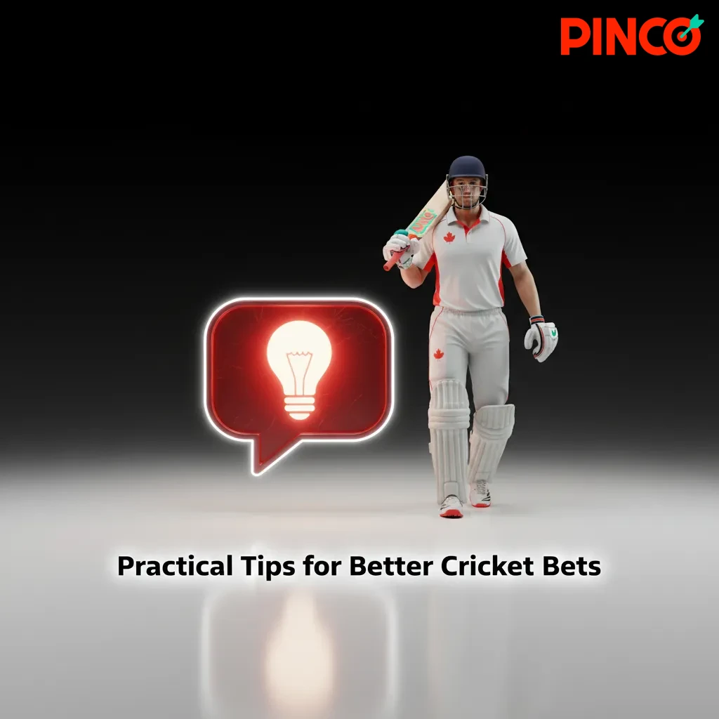 Infographic on cricket betting tips: form, pitch, weather, toss, bankroll, live odds, with app UI showing overs and wickets.