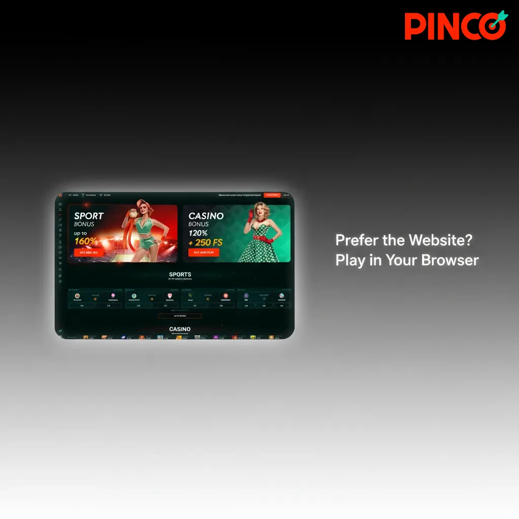 Pinco website on a desktop browser, no app needed for betting, casino, registration, deposits, and live odds