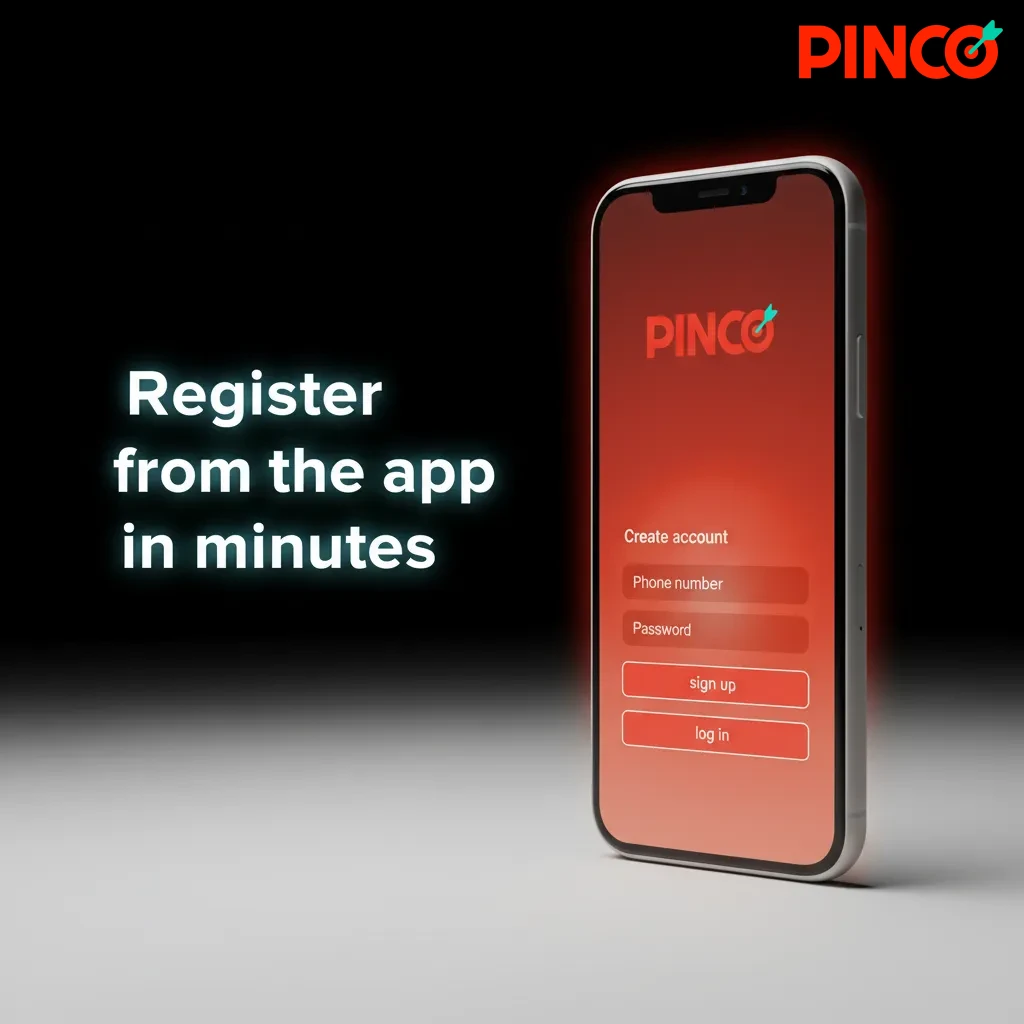 Smartphone showing Pinco signup steps: Join, enter details, verify email/phone, set limits, upload ID and selfie.