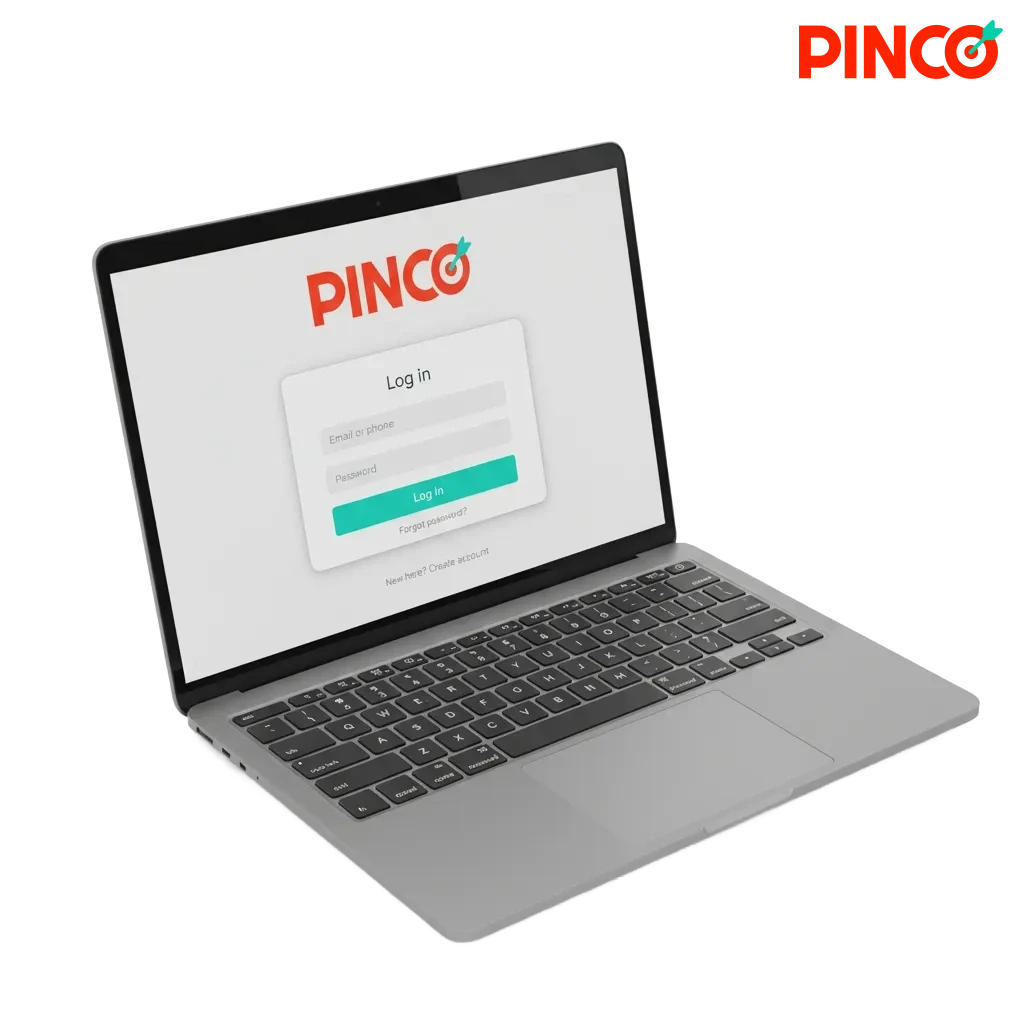 Pinco login screens on desktop and phone showing email and password fields, 2FA prompt, and TLS lock icon.