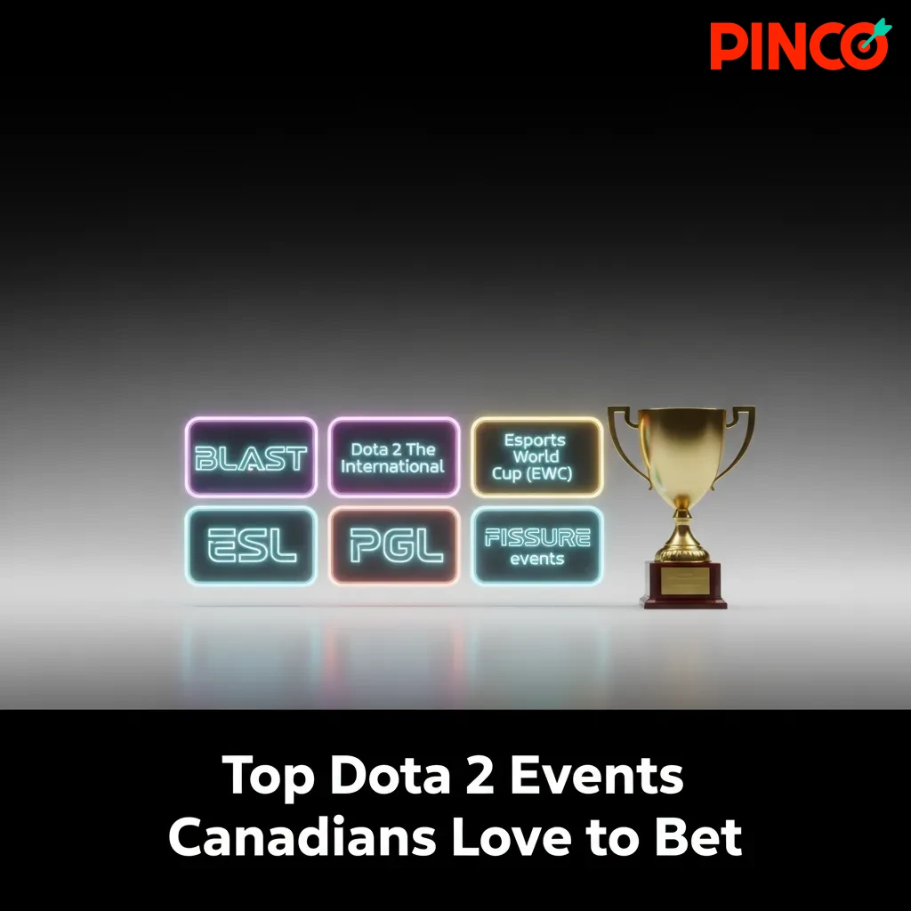 Collage of Dota 2 tournaments—TI, BLAST, ESL, EWC, PGL, FISSURE—with Canadian flag and betting odds overlay.