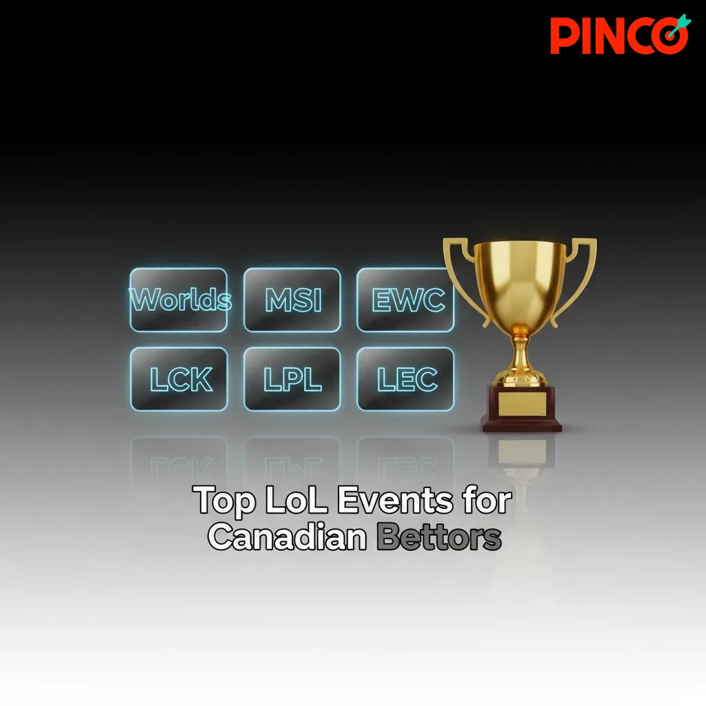 Infographic of top League of Legends events for Canadian bettors: World Championship, MSI, EWC, LCK, LPL, LEC.