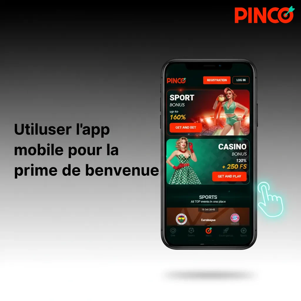 Écran de l’app Pinco montrant l’inscription, Promotions et suivi du bonus de bienvenue sur mobile.