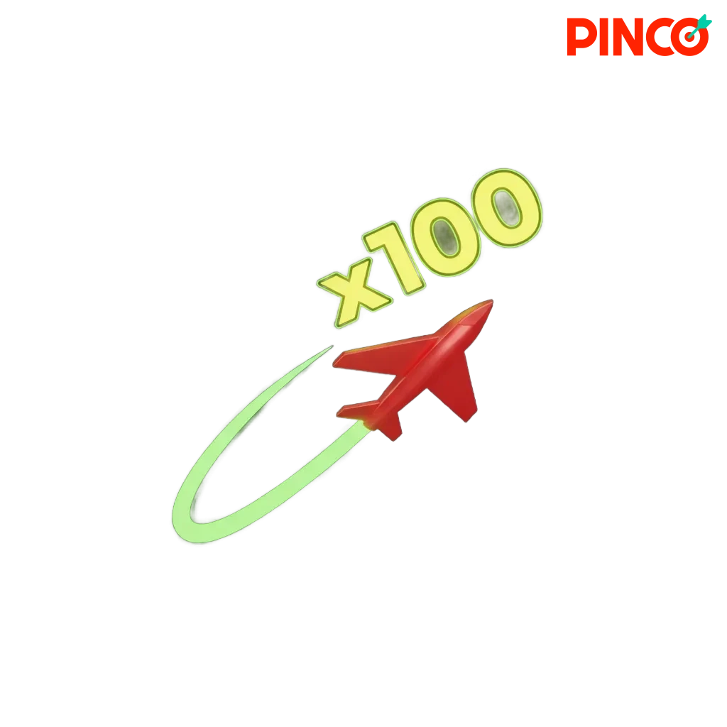 Pinco Aviator game screen with a red plane taking off as the multiplier climbs, Start and Cash Out buttons visible