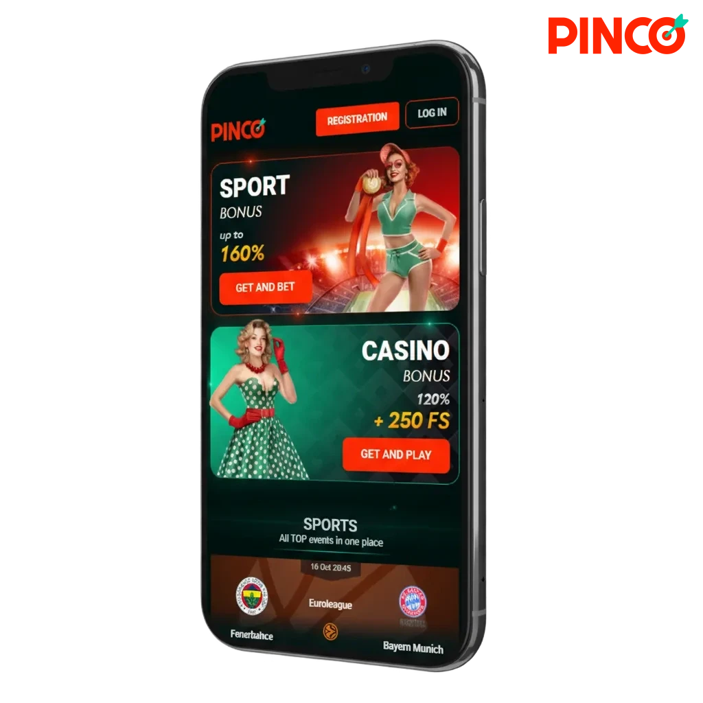 Promotion de l’app Pinco sur Android et iOS au Canada, paris et casino, bonus, logos Interac, Gigadat, VISA, Mastercard.