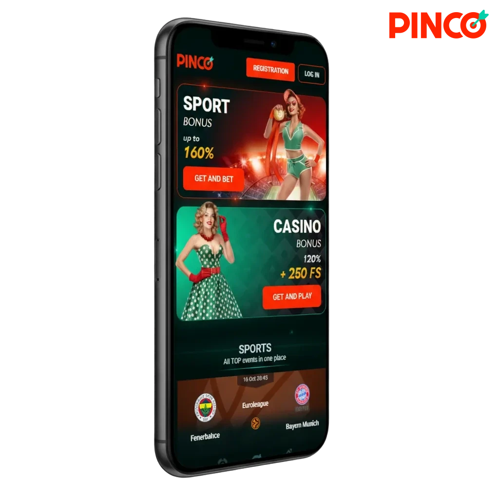 Écran d’iPhone avec l’app iOS Pinco: paris sportifs et casino en argent réel au Canada, bonus jusqu’à C$7 500 + 250 FS