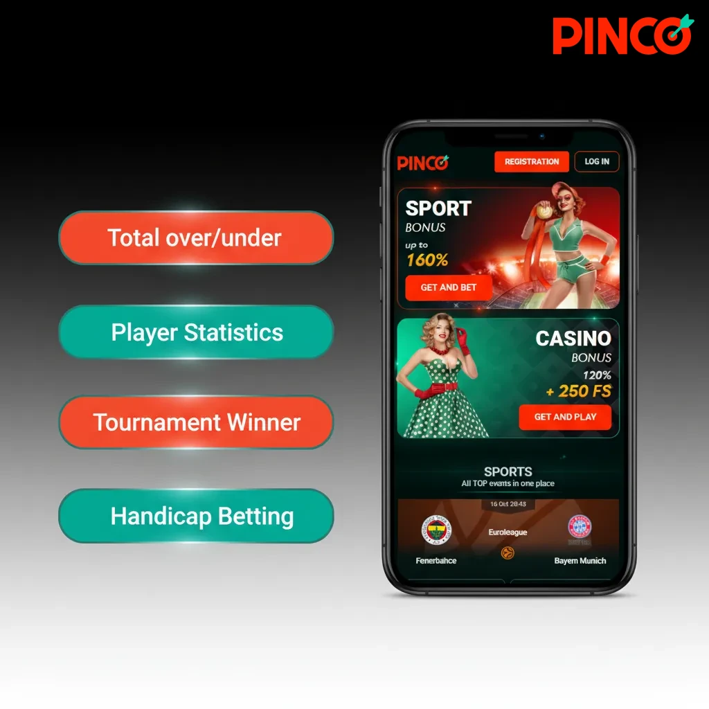 Infographie de l’app Pinco présentant les types de paris: simple, combiné, système, live, plus/moins, handicap.