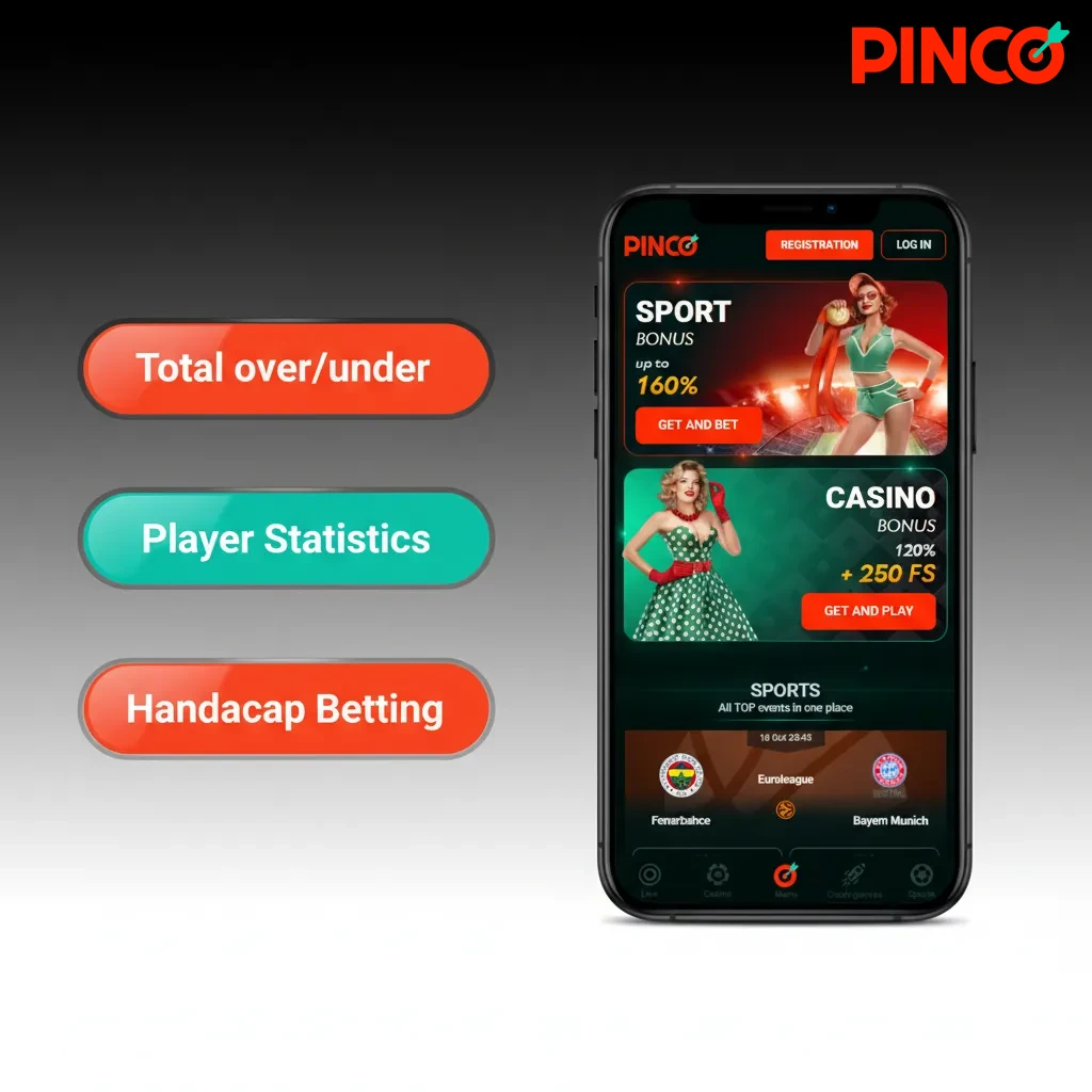 Écran de l’app Pinco listant les paris: simple, combiné, système, en direct, handicap/asiatique et plus/moins.