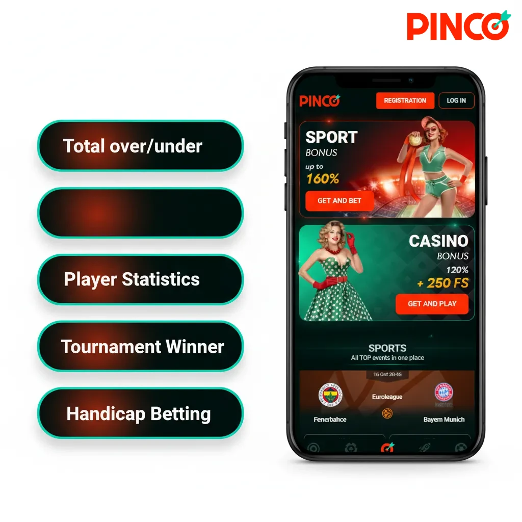 Types de paris sur l'app Pinco: simple, combiné, système, handicap, totaux, en direct.