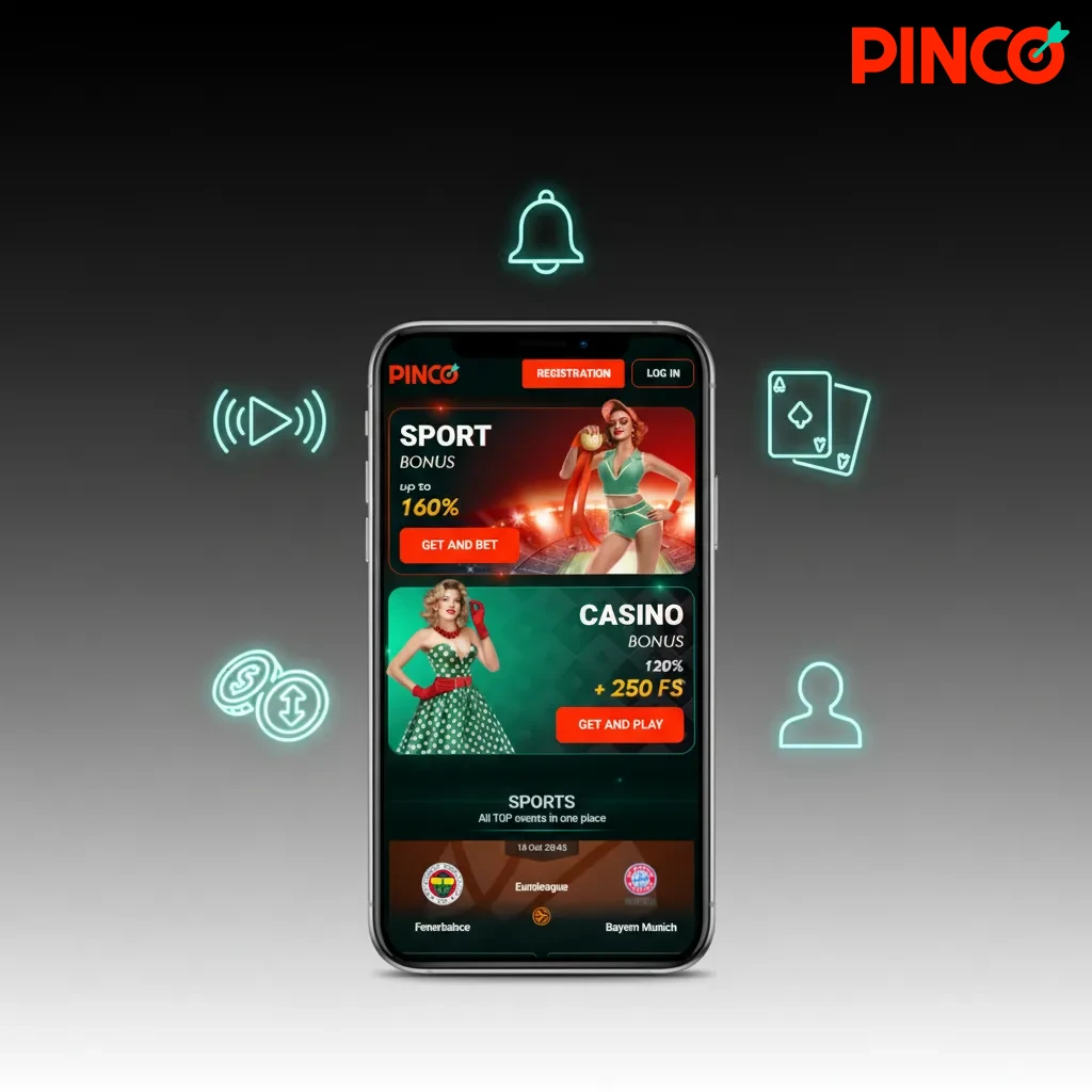 iPhone showing Pinco app: CAD wallet, Interac and Apple Pay, Face/Touch ID, sports betting, casino, bilingual, 24/7 support.