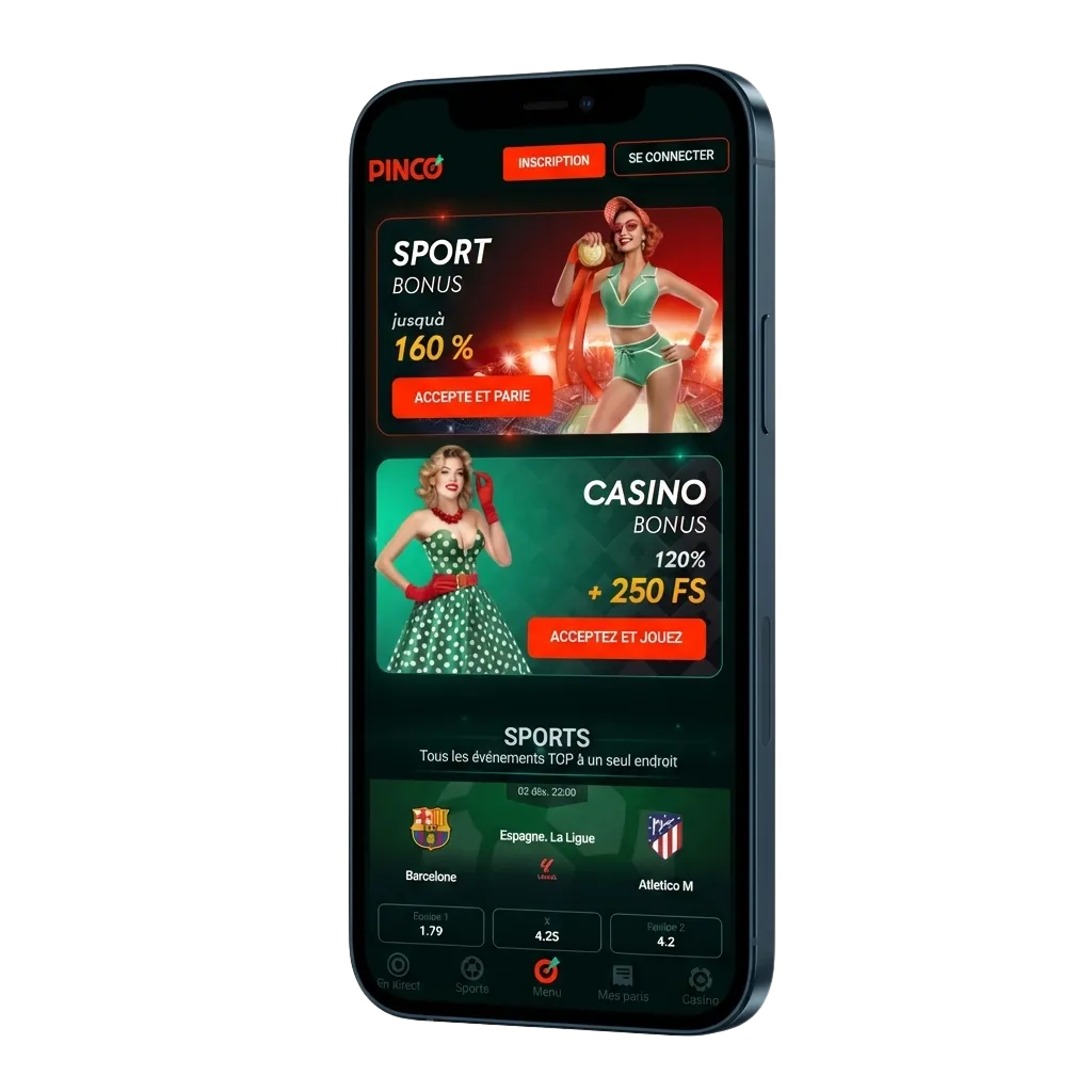 Application Pinco pour iOS offrant paris sportifs et casino sur iPhone et iPad avec bonus de bienvenue généreux